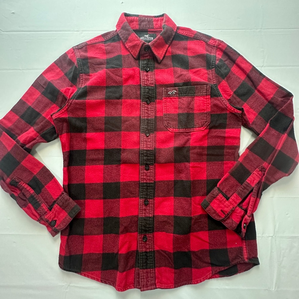 Hollister Mens Red Black Buffalo Plaid Flannel Button Down Shirt Medium 0709